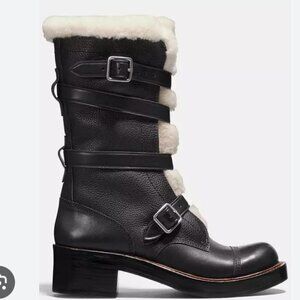 COACH Moto Shearling Pebbled Leather Buckle Boots NEW Sz 5 US Wmn Shipped in Box